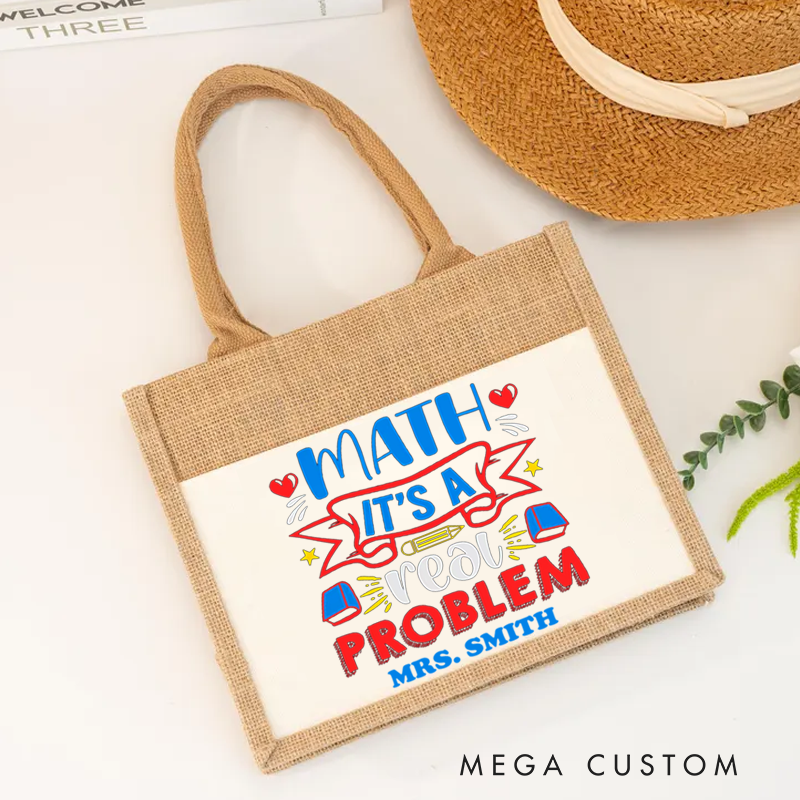 Personalized Teacher Burlap Tote Bag Math Is a Real Problem Books Pencil Stars Fun Tote Bag Perfect Gift for Math Teachers