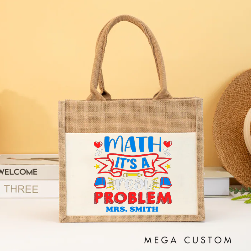 Personalized Teacher Burlap Tote Bag Math Is a Real Problem Books Pencil Stars Fun Tote Bag Perfect Gift for Math Teachers