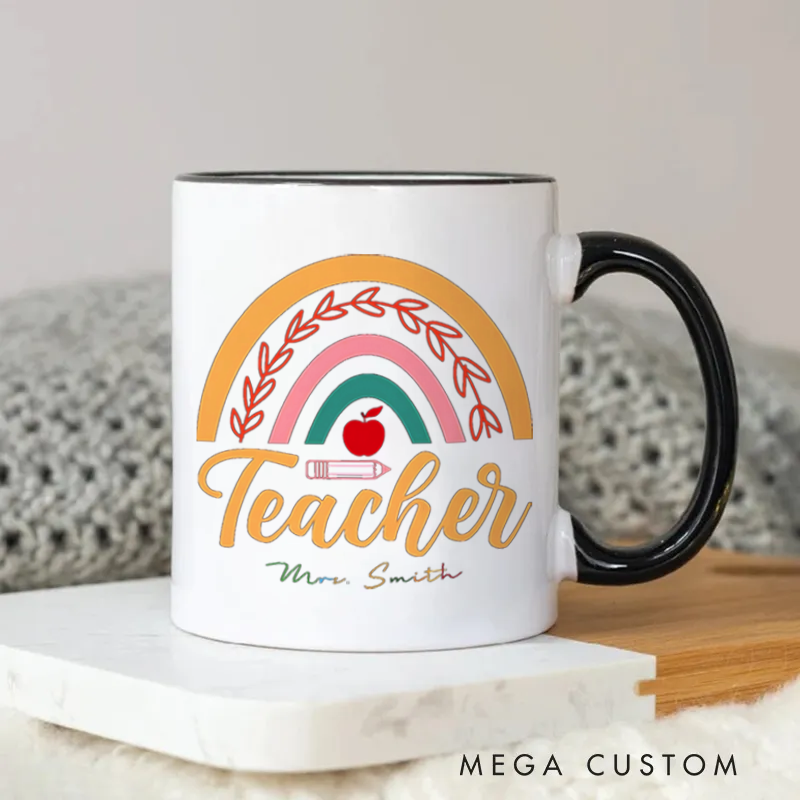 Personalized Teacher Mug Apple Pencil Rainbow Minimalist Mug Elegant Gift for Teachers