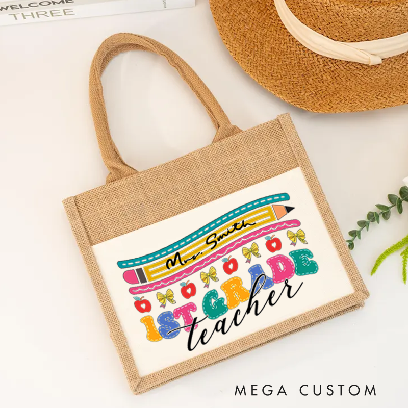 Personalized Burlap Tote Bag 1st Grade Teacher Playful Pencils Colorful Tote Bag Delightful Gift for First Grade Teachers