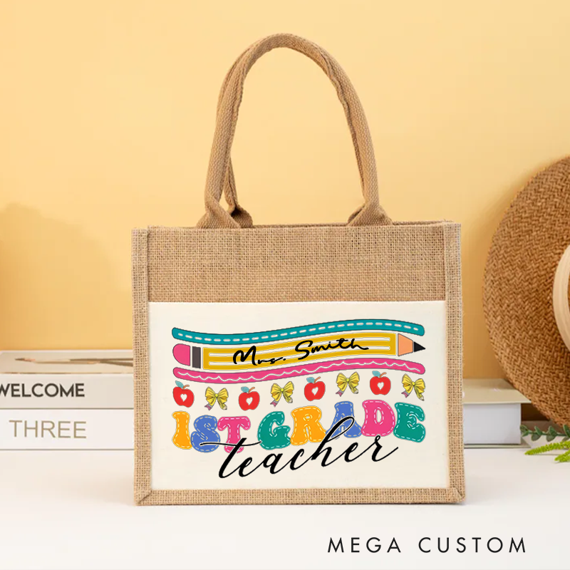 Personalized Burlap Tote Bag 1st Grade Teacher Playful Pencils Colorful Tote Bag Delightful Gift for First Grade Teachers