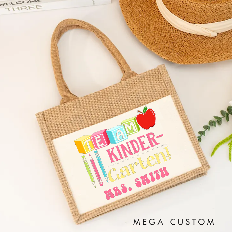 Personalized Teacher Burlap Tote Bag Team Kindergarten Colorful Blocks Apple and Pencil Tote Bag Gift for Teachers