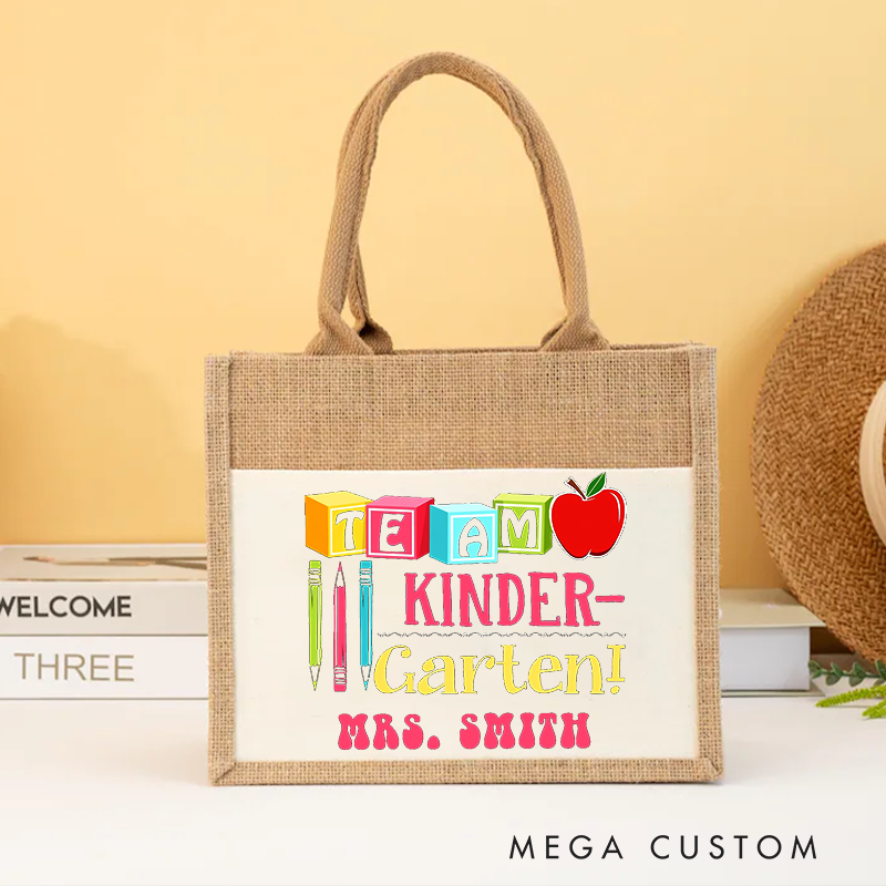 Personalized Teacher Burlap Tote Bag Team Kindergarten Colorful Blocks Apple and Pencil Tote Bag Gift for Teachers