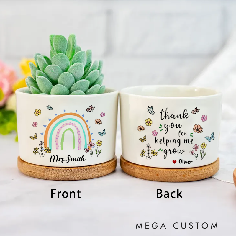 Personalised Thank You for Helping Me Grow Rainbow Butterflies Ceramic Plant Pot Appreciation Gift for Teacher