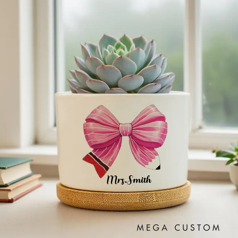Personalised Pink Coquette Bow Pencil Ceramic Plant Pot Teacher Appreciation Back to School Custom Gift for Teachers