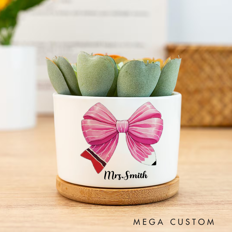 Personalised Pink Coquette Bow Pencil Ceramic Plant Pot Teacher Appreciation Back to School Custom Gift for Teachers