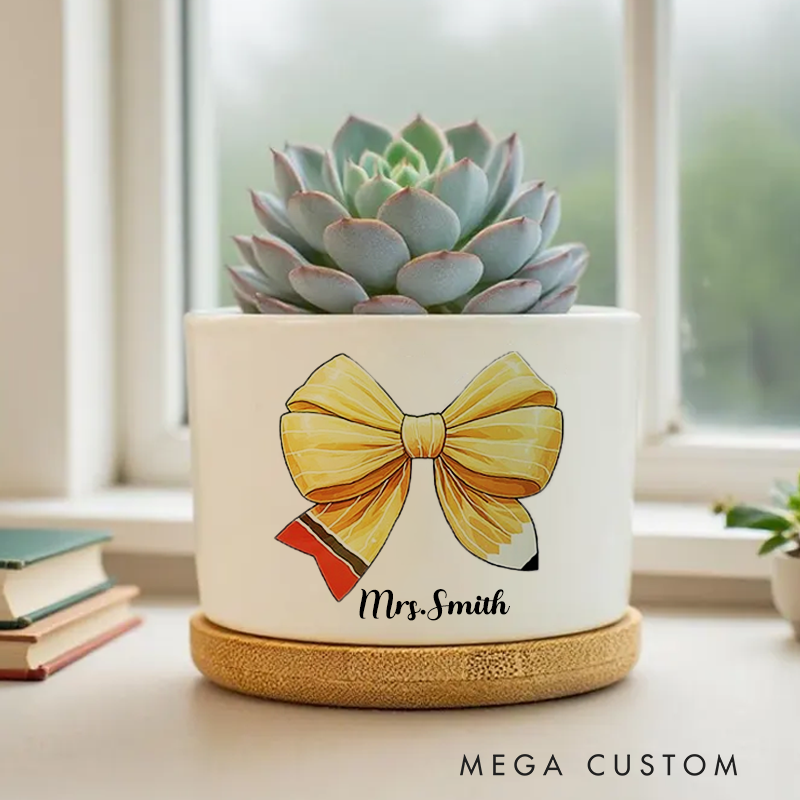 Personalised Yellow Coquette Bow Pencil Ceramic Plant Pot Teacher Appreciation Back to School Custom Gift for Teachers