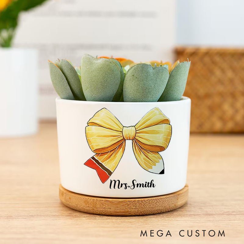 Personalised Yellow Coquette Bow Pencil Ceramic Plant Pot Teacher Appreciation Back to School Custom Gift for Teachers