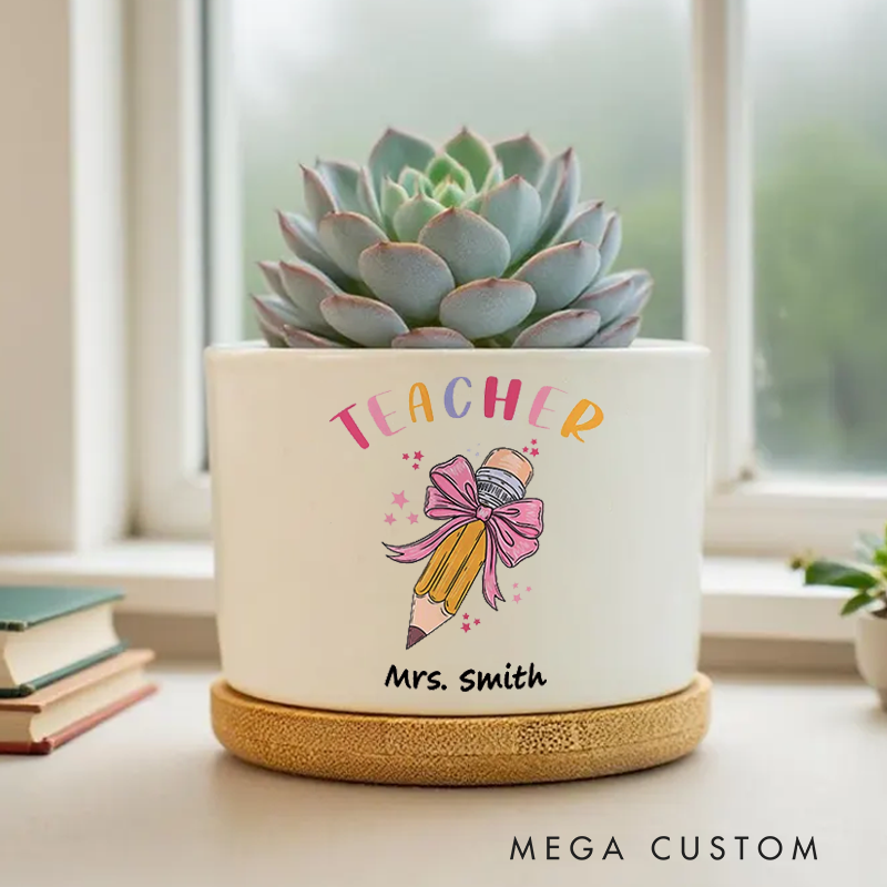 Personalised Pink Bow Pencil Teacher Flower Pot Custom Appreciation Gift for Teachers