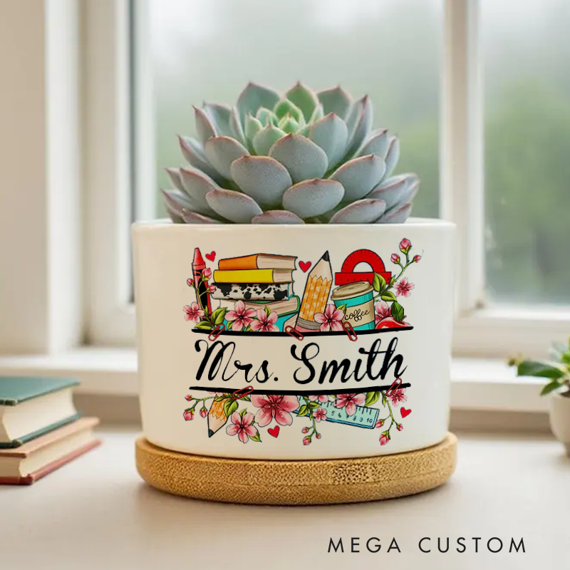 Personalised Pencil Blossoms Ceramic Plant Pot Custom Gift for Teachers