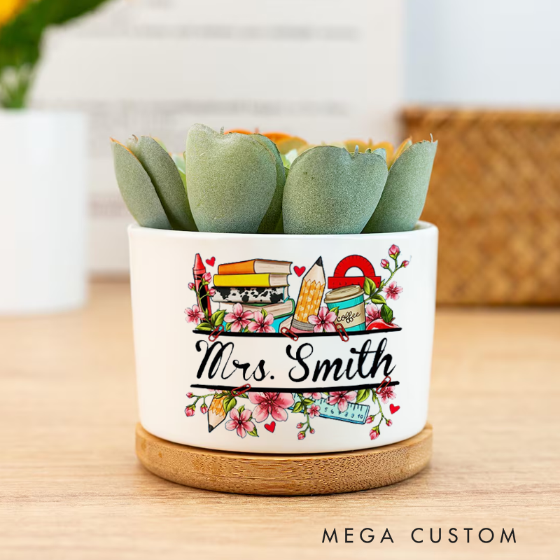 Personalised Pencil Blossoms Ceramic Plant Pot Custom Gift for Teachers
