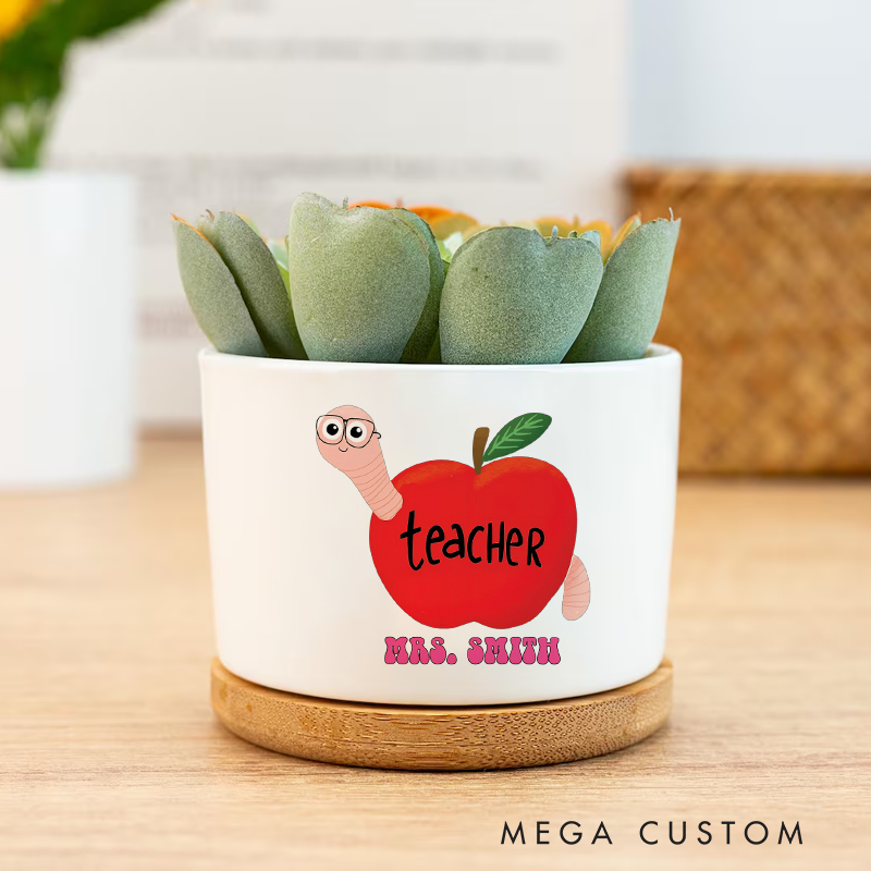 Personalized Teacher Apple with Cute Worm Design Ceramic Plant Pot Fun and Whimsical Gift for Teachers