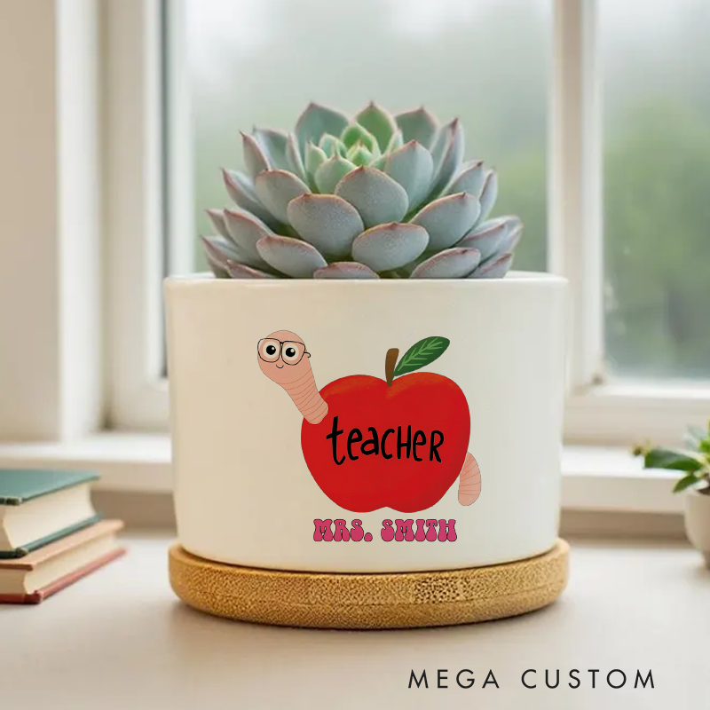 Personalized Teacher Apple with Cute Worm Design Ceramic Plant Pot Fun and Whimsical Gift for Teachers