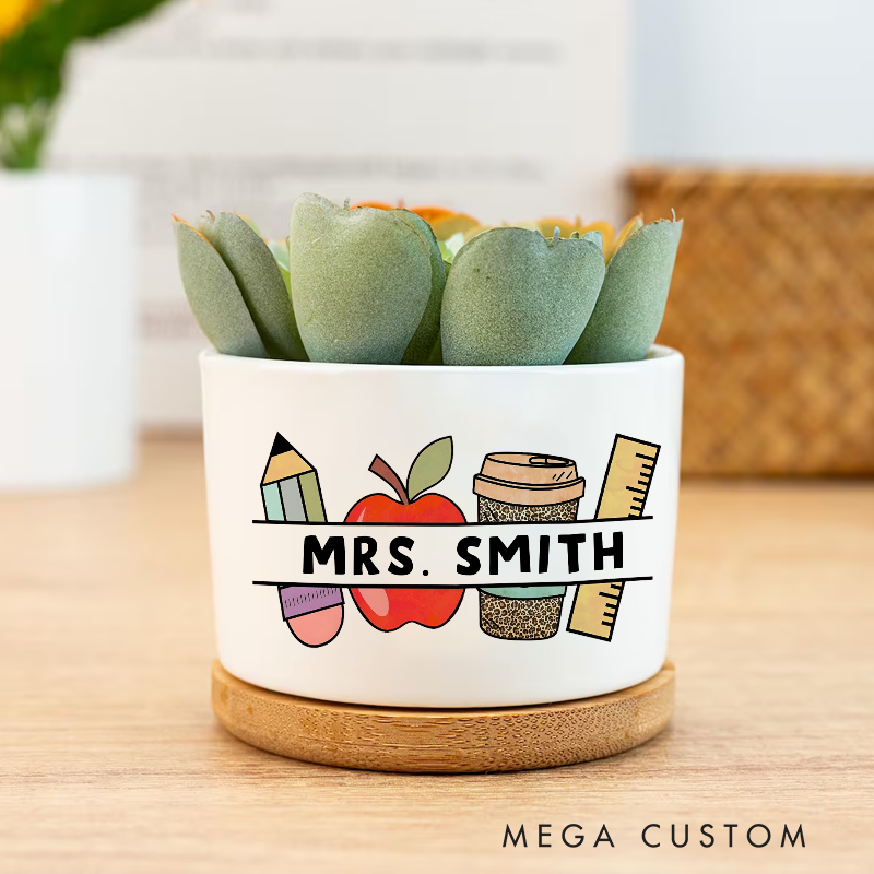 Personalized Teacher Ceramic Plant Pot Pencil Apple Coffee and Ruler Design Perfect Gift for Teachers