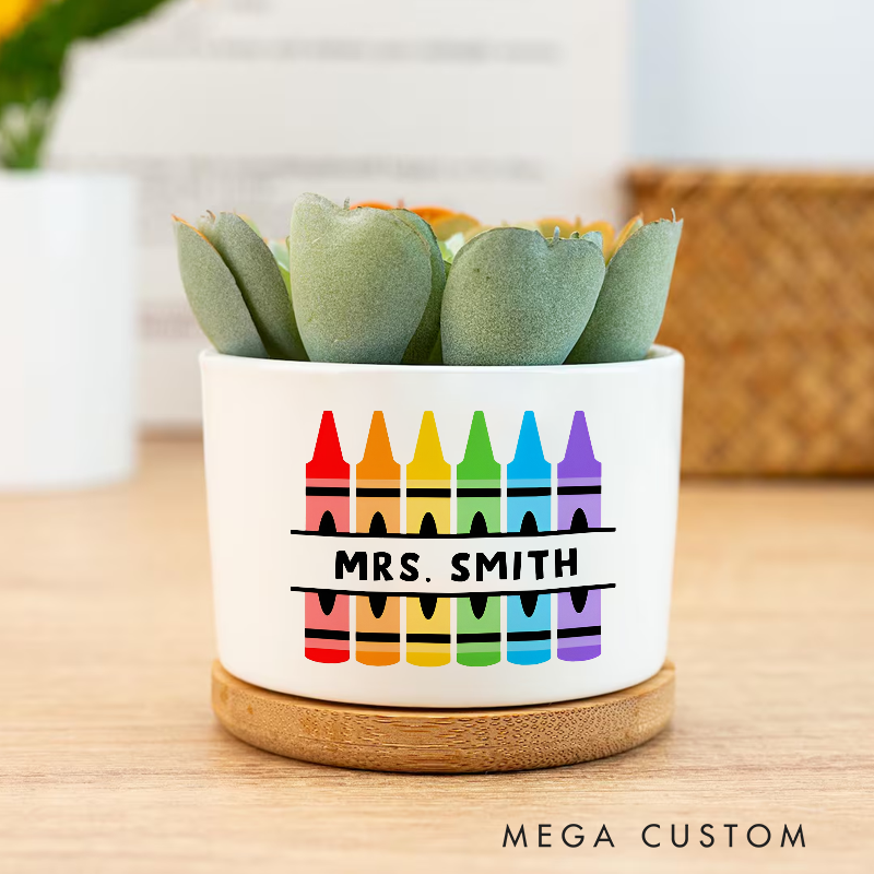 Personalized Teacher Ceramic Plant Pot Colorful Crayon Design Fun Vibrant Gift for Teachers