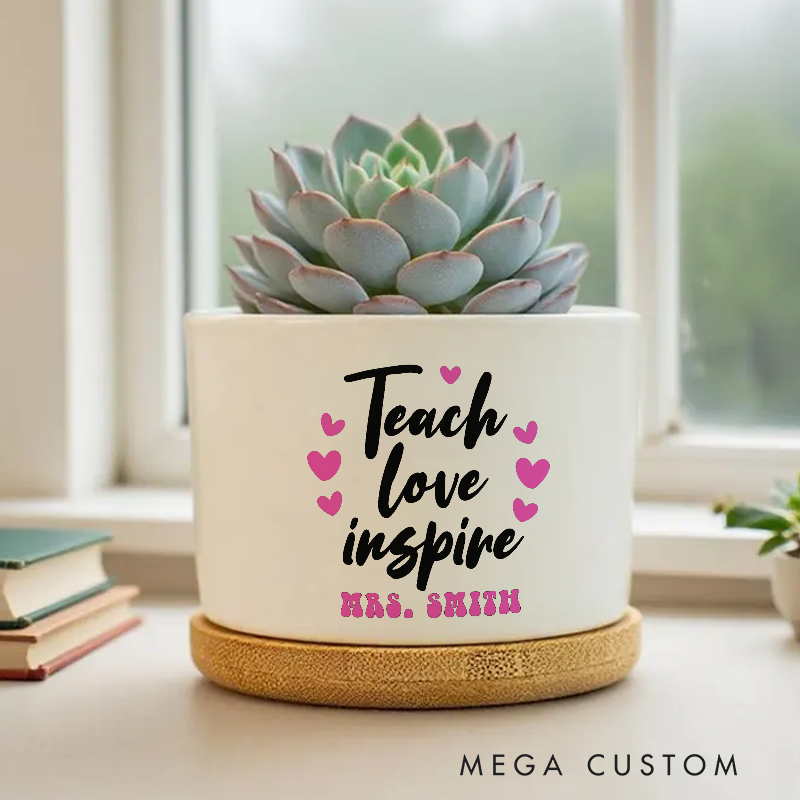 Personalized Teacher Ceramic Plant Pot Teach Love Inspire Heart Theme Design Perfect Appreciation Gift for Teachers