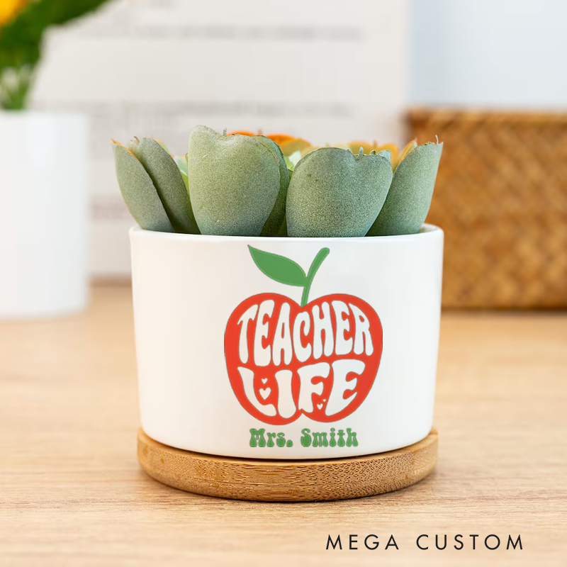 Personalized Teacher Ceramic Plant Pot Retro Apple Theme Bold Typography Design Whimsical and Fun Gift for Teachers