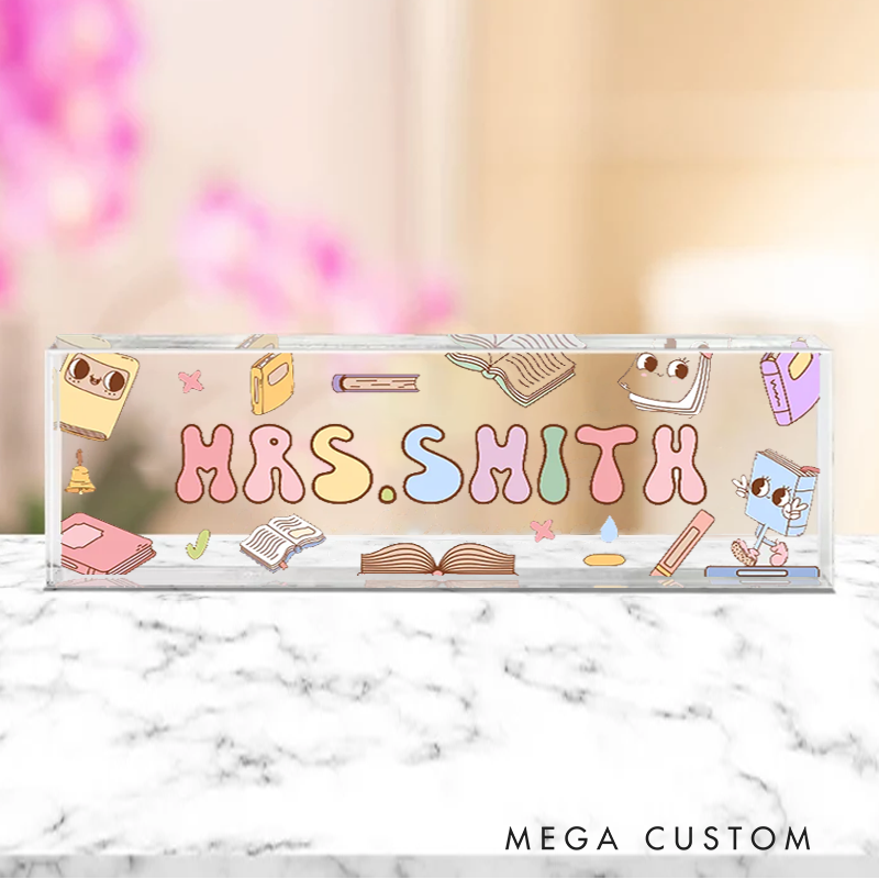 Personalized Book Pencil Teacher Acrylic Desk Name Plate Teacher Desk Sign Acrylic Plaque Teacher Appreciation Gift Back to School Gift
