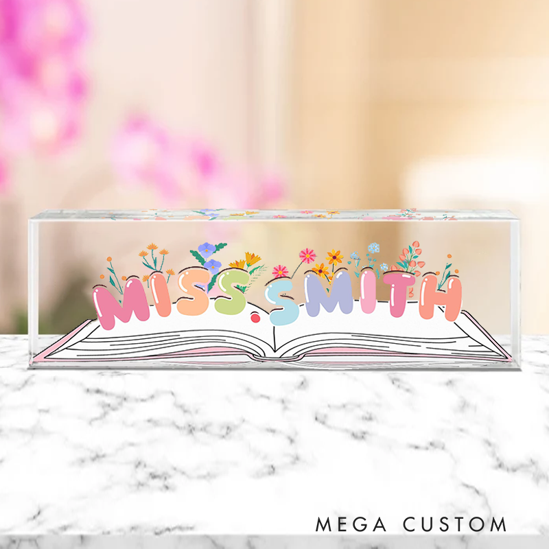 Personalized Book Flower Teacher Acrylic Desk Name Plate Teacher Desk Sign Acrylic Plaque Teacher Appreciation Gift Back to School Gift