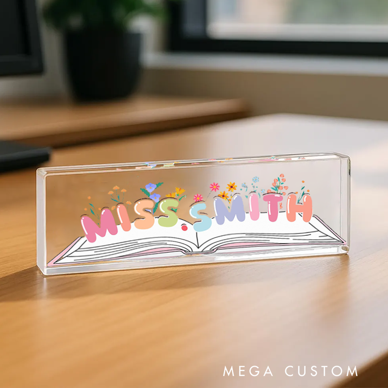 Personalized Book Flower Teacher Acrylic Desk Name Plate Teacher Desk Sign Acrylic Plaque Teacher Appreciation Gift Back to School Gift