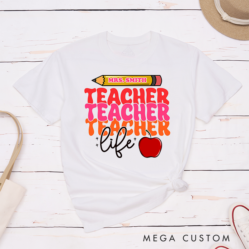 Personalized Teacher Life Bold Multicolor Text Design with Heart and Whimsy T-Shirts