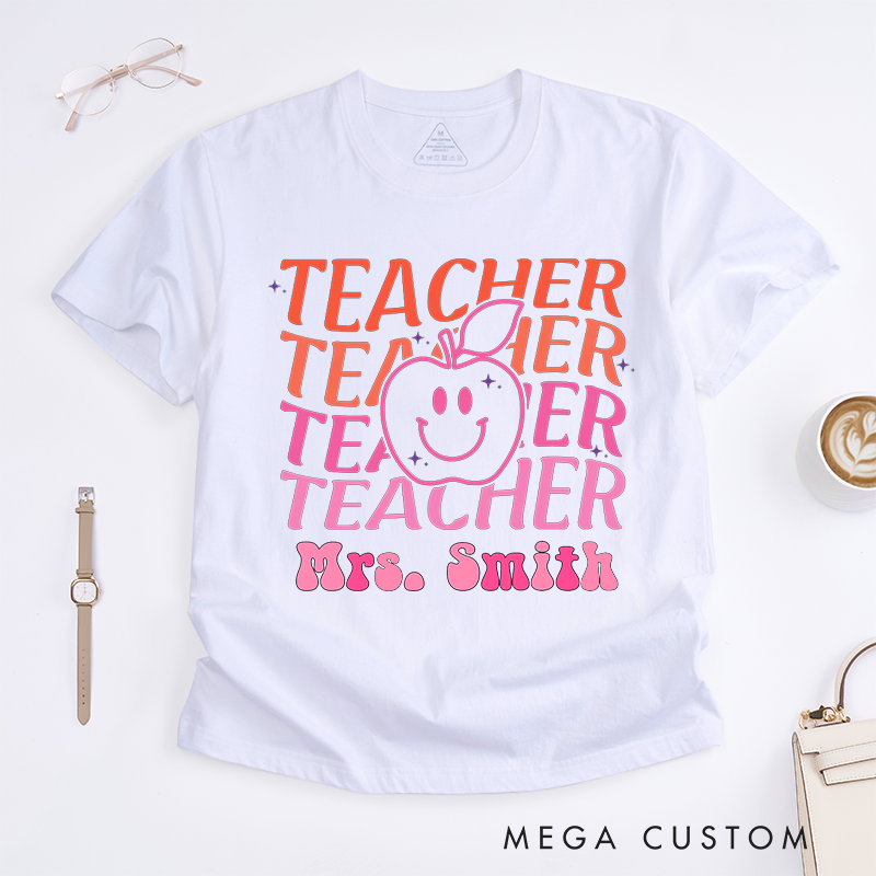 Personalized T-Shirts Smiley Apple Retro Teacher Shirt Gift for Teachers