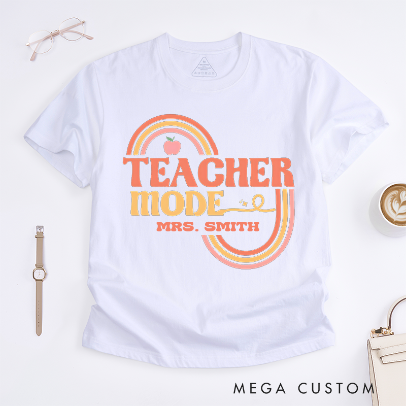 Personalized T-Shirts Teacher Mode Retro Rainbow Shirt Stylish and Fun Gift for Teachers