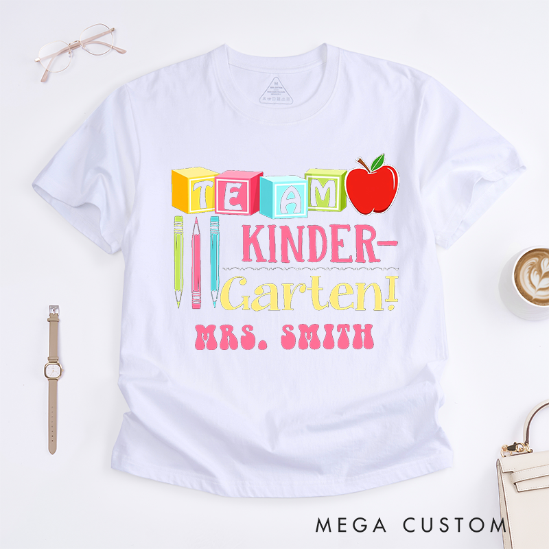 Personalized Teacher T-Shirts Team Kindergarten Colorful Blocks Apple and Pencil Shirt Gift for Teachers