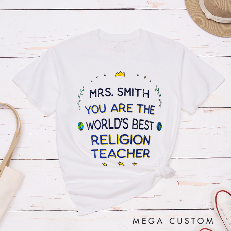 Personalized Teacher T-Shirts You Are the World's Best Religion Teacher Crown and Star Accents Gift for Teachers