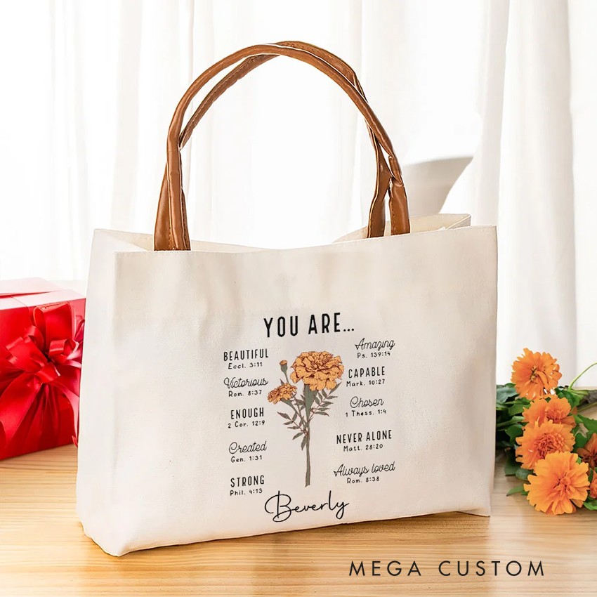 Personalized Birth Flower Bible Verse Canvas Tote Bag with Name and Leather Handle Travel Accessories Baptism Birthday Gift for Women Christians