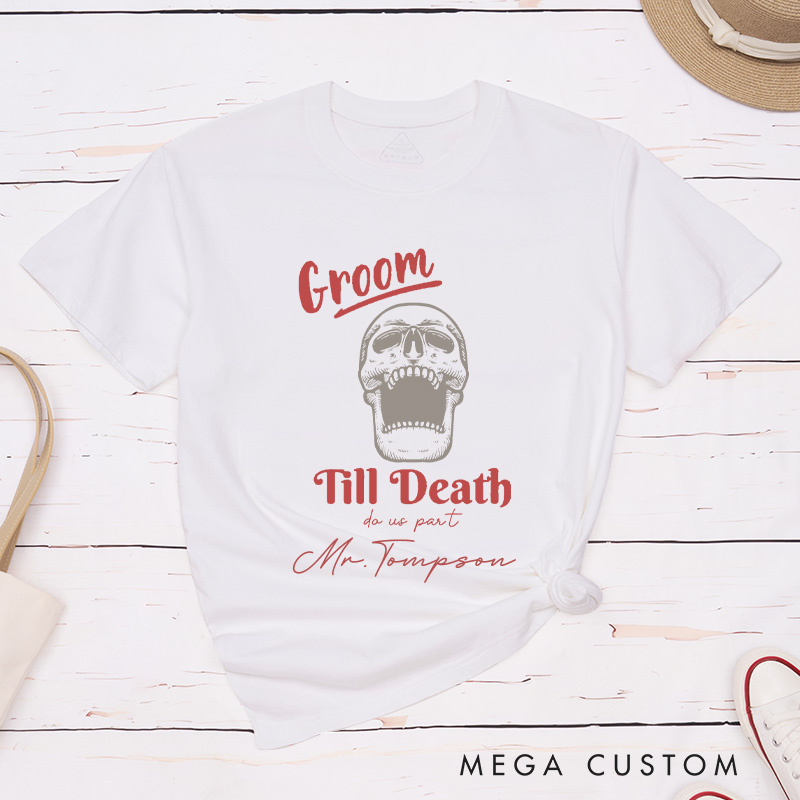 Personalized Vinatge Til Death Do Us Part Skeleton Bride and Groom Matching Wedding Couple Classic T-Shirt