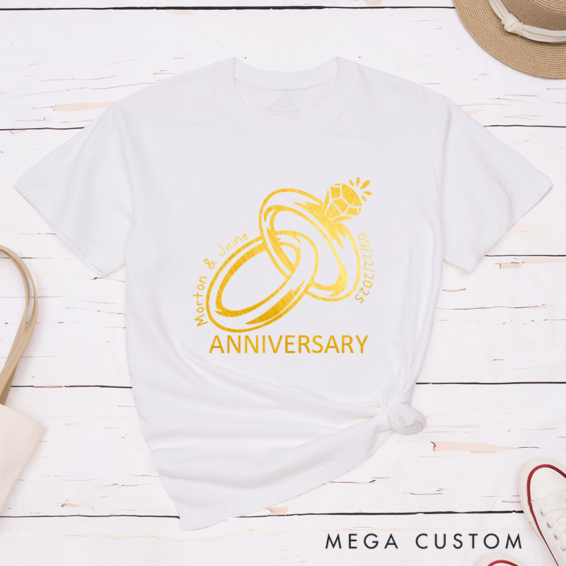 Personalized Golden Rings Anniversary T-Shirt Elegant Celebrate Couple Anniversary T-Shirts for Husband Wife Anniversary Gift Tees