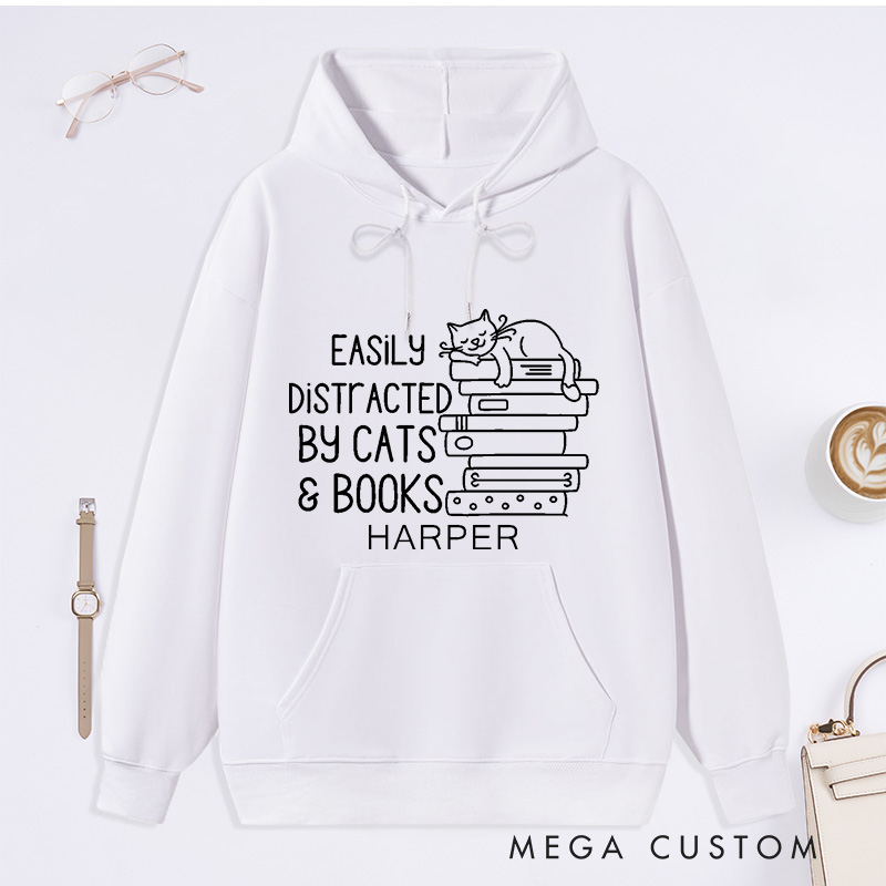 Personalized Easily Distracted By Cats And Books Classic Hoodies Book Lover Gift Funny Cat Hoodies