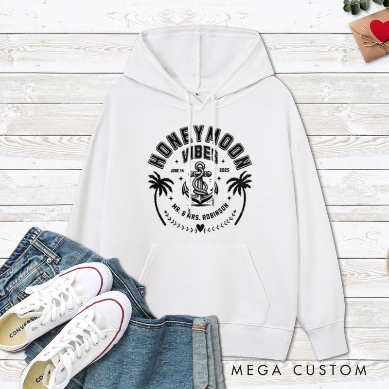 Personalized Nautical Honeymoon Vibes with Anchor and Palm Trees Matching Honeymoon Couple Hoodie