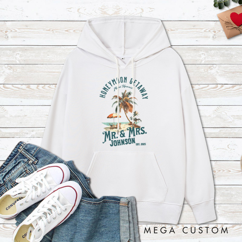 Personalized Vintage Tropical Honeymoon Getaway with Beach Scene Matching Honeymoon Couple Hoodie