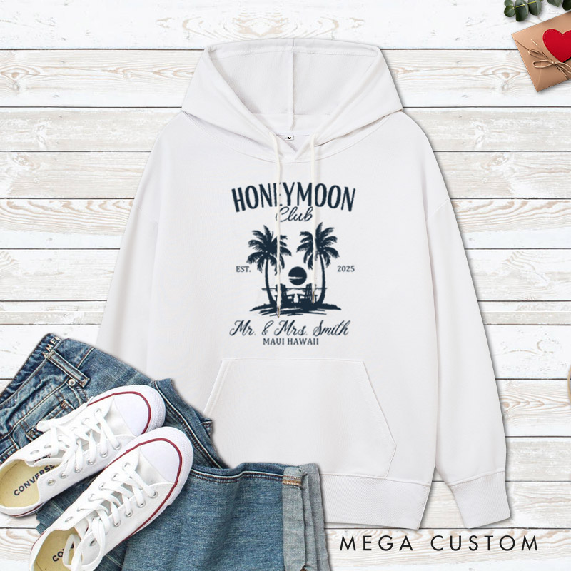 Personalized Vintage Tropical Honeymoon Club with Sunset Matching Honeymoon Couple Hoodie