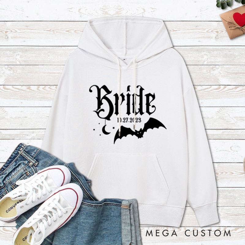 Personalized Halloween Gothic Bride and Groom with Bat and Moon Matching Wedding Couple Hoodie