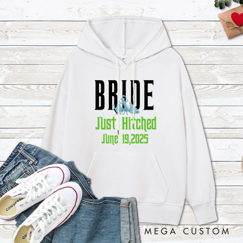 Personalized Playful Just Hitched Bride and Groom Wedding Couple Hoodie