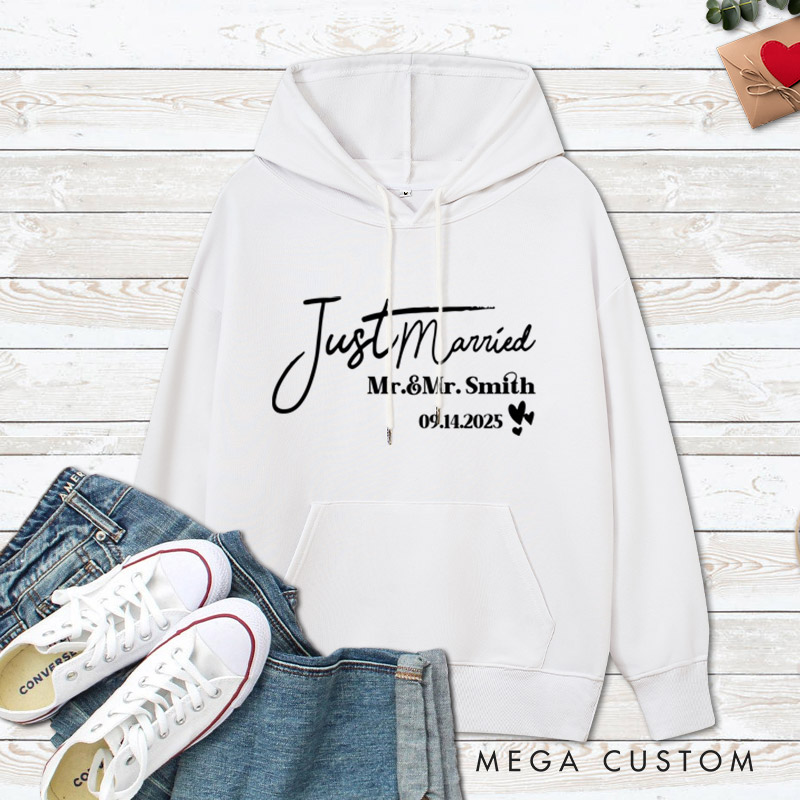 Personalized Elegant Just Married Mr and Mrs with Hearts Wedding Couple Hoodie