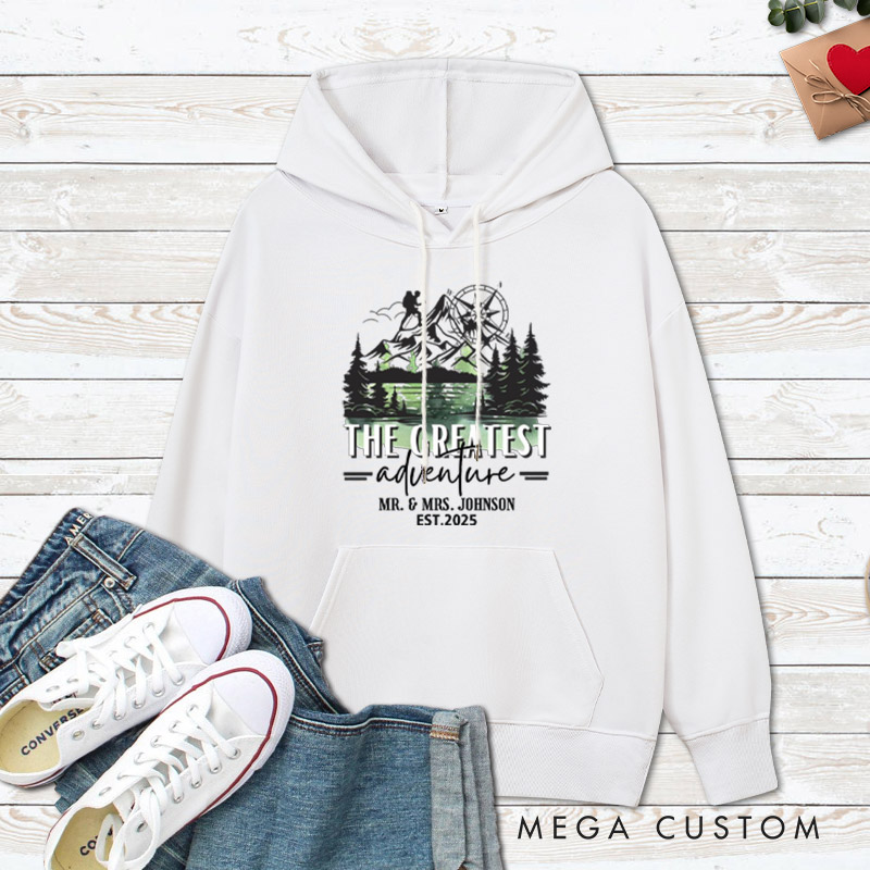 Personalized The Greatest Adventure Mr and Mrs Wedding Couple Hoodie