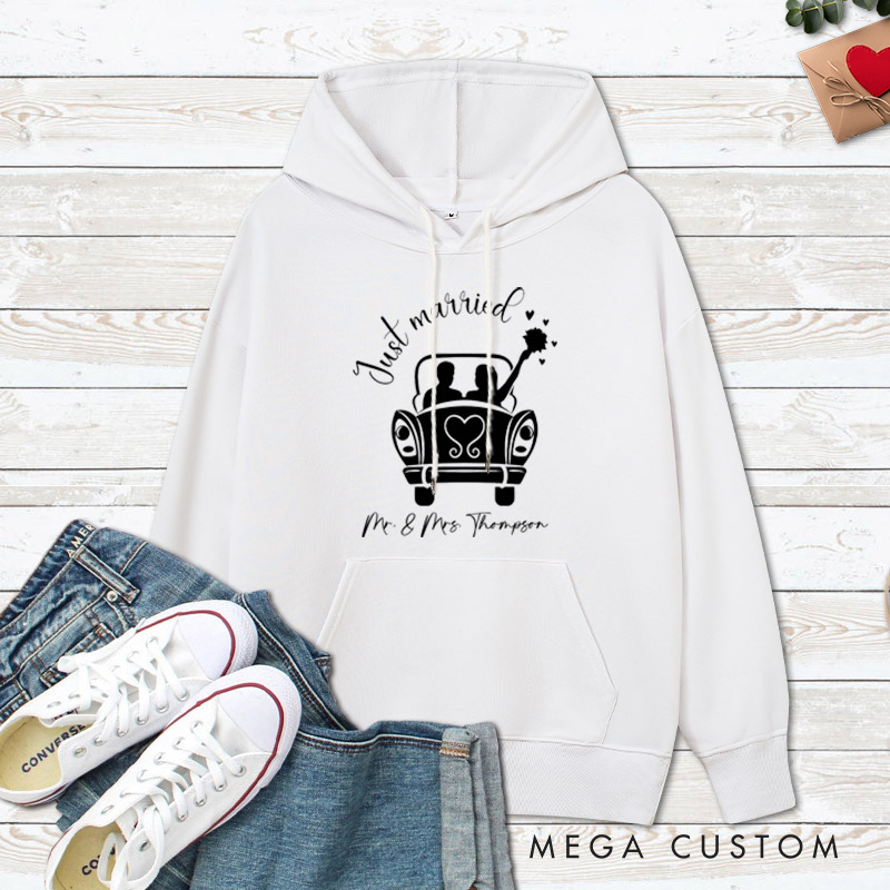 Personalized Romantic Just Married with Wedding Car Wedding Couple Hoodie