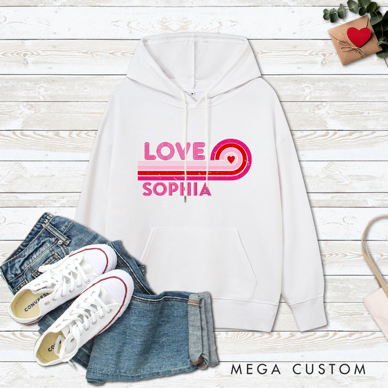 Personalized Couple Retro Love Valentine's Day Hoodie with Name Couple Sweatshirt for Boyfriend Girlfriend Hubby Wifey Husband Wife