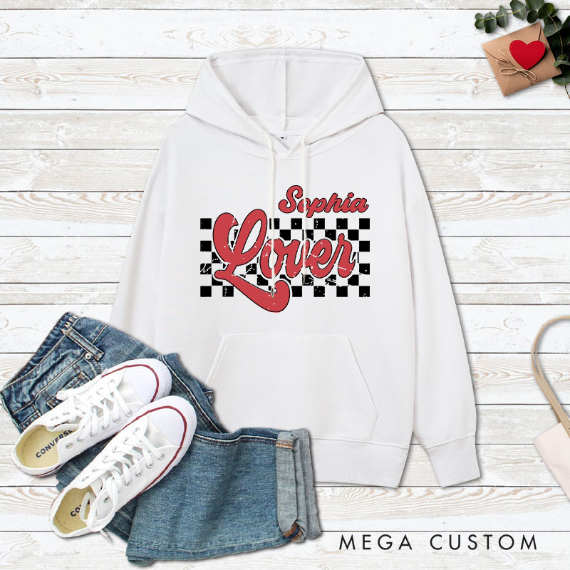 Personalized Couple Retro Checkerboard Lover Valentine's Day Hoodie with Name Couple Sweatshirt for Boyfriend Girlfriend Hubby Wifey Husband Wife