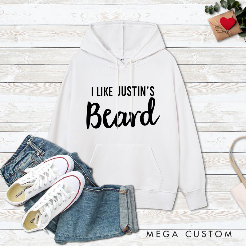 Personalized Couple I Like Her Butt and I Like His Beard Valentine's Day Hoodie with Name Couple Sweatshirt for Boyfriend Girlfriend Husband Wife