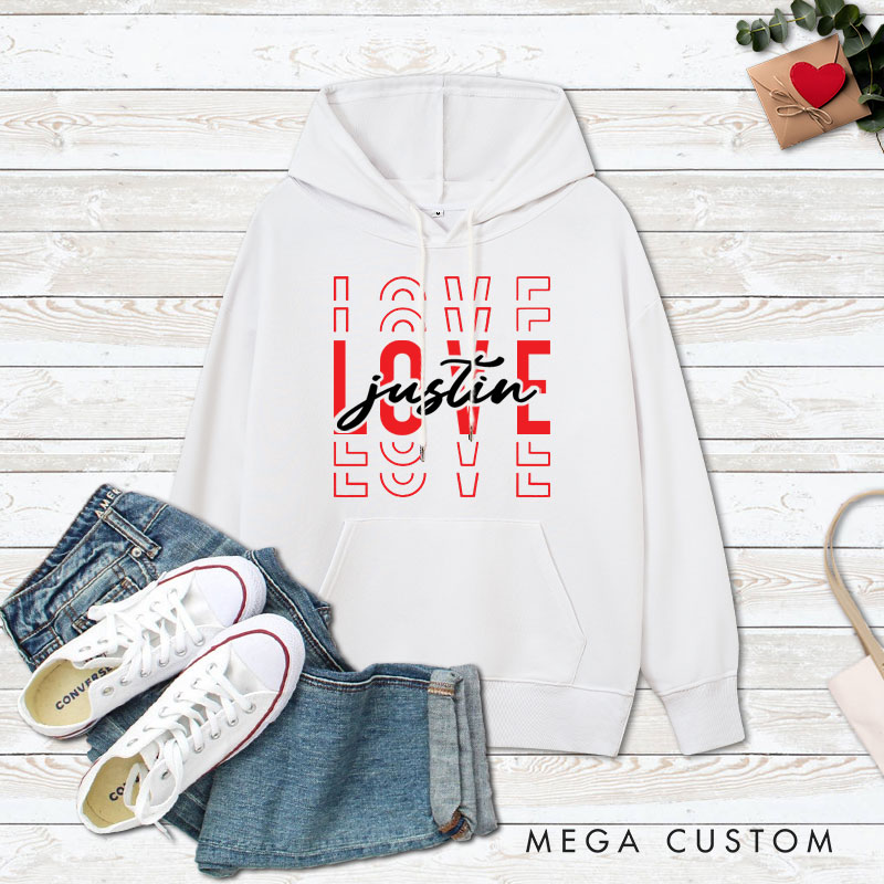 Personalized Couple Love Her and Love His Valentine's Day Hoodie with Name Couple Sweatshirt for Boyfriend Girlfriend Husband Wife Hubby Wifey