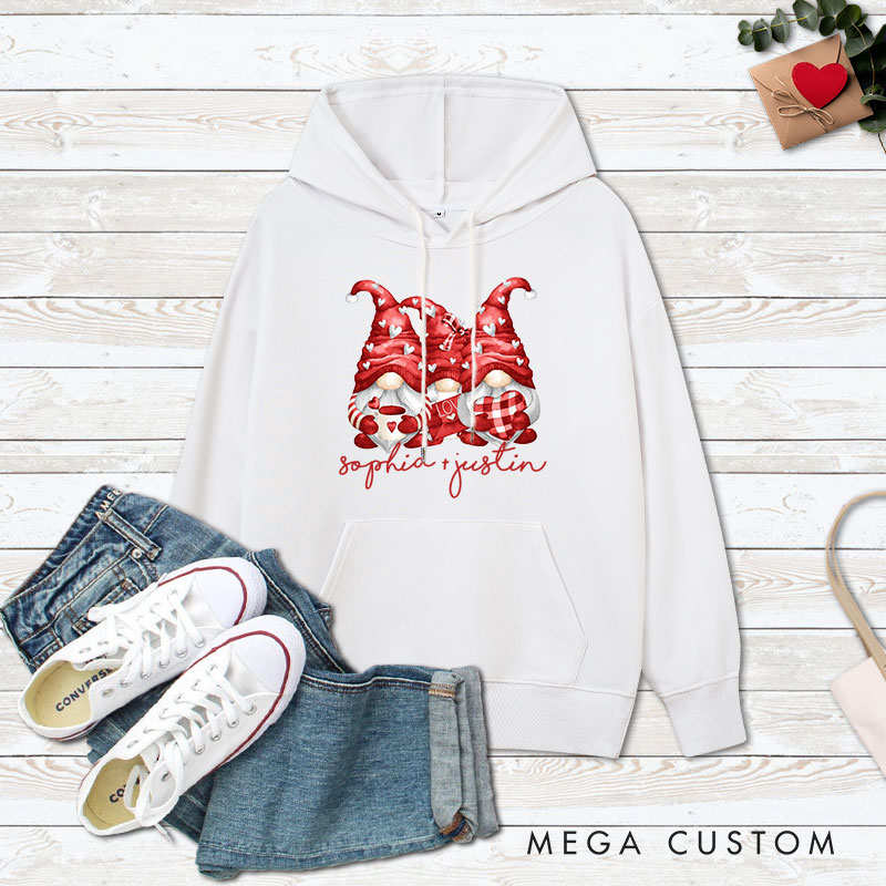 Personalized Couple Three Heart Gnome Valentine's Day Hoodie with Name Couple Sweatshirt for Boyfriend Girlfriend Husband Wife Hubby Wifey