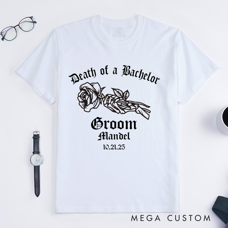 Personalized "Death of a Bachelor" T-Shirt Elegant Gothic Skeleton Rose Designed Groom T-Shirt Bachelor Party Favors Shirt for Him