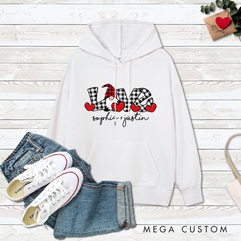 Personalized Couple Plaid LOVE Gnome Valentine's Day Hoodie with Name Couple Sweatshirt for Boyfriend Girlfriend Husband Wife