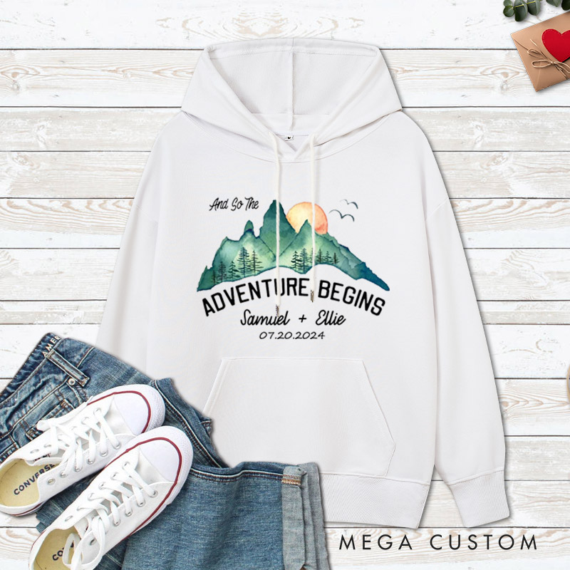 Personalized Scenic And So The Adventure Begins Newlyweds Wedding Couple Hoodie