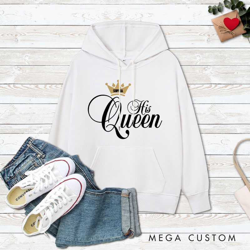 Personalized Couple Her King and His Queen Valentine's Day Hoodie with Name Couple Sweatshirt for Boyfriend Girlfriend Husband Wife